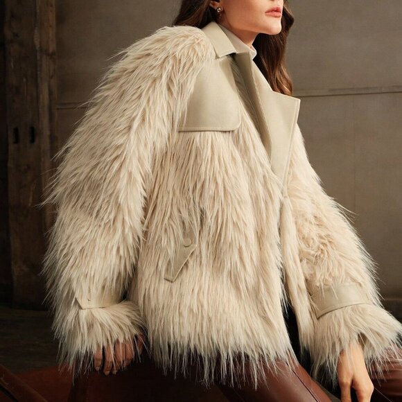 Beige Casual Women's Fluffy Short Fluffy Fuzzy Jacket - Picture 2 of 6